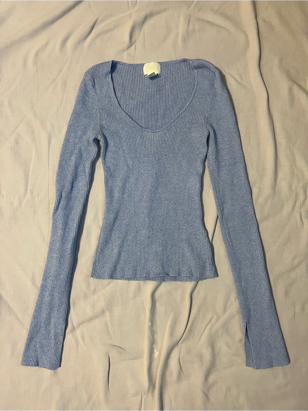 H&M Light Blue Ribbed Long-Sleeve Scoop Neck Top